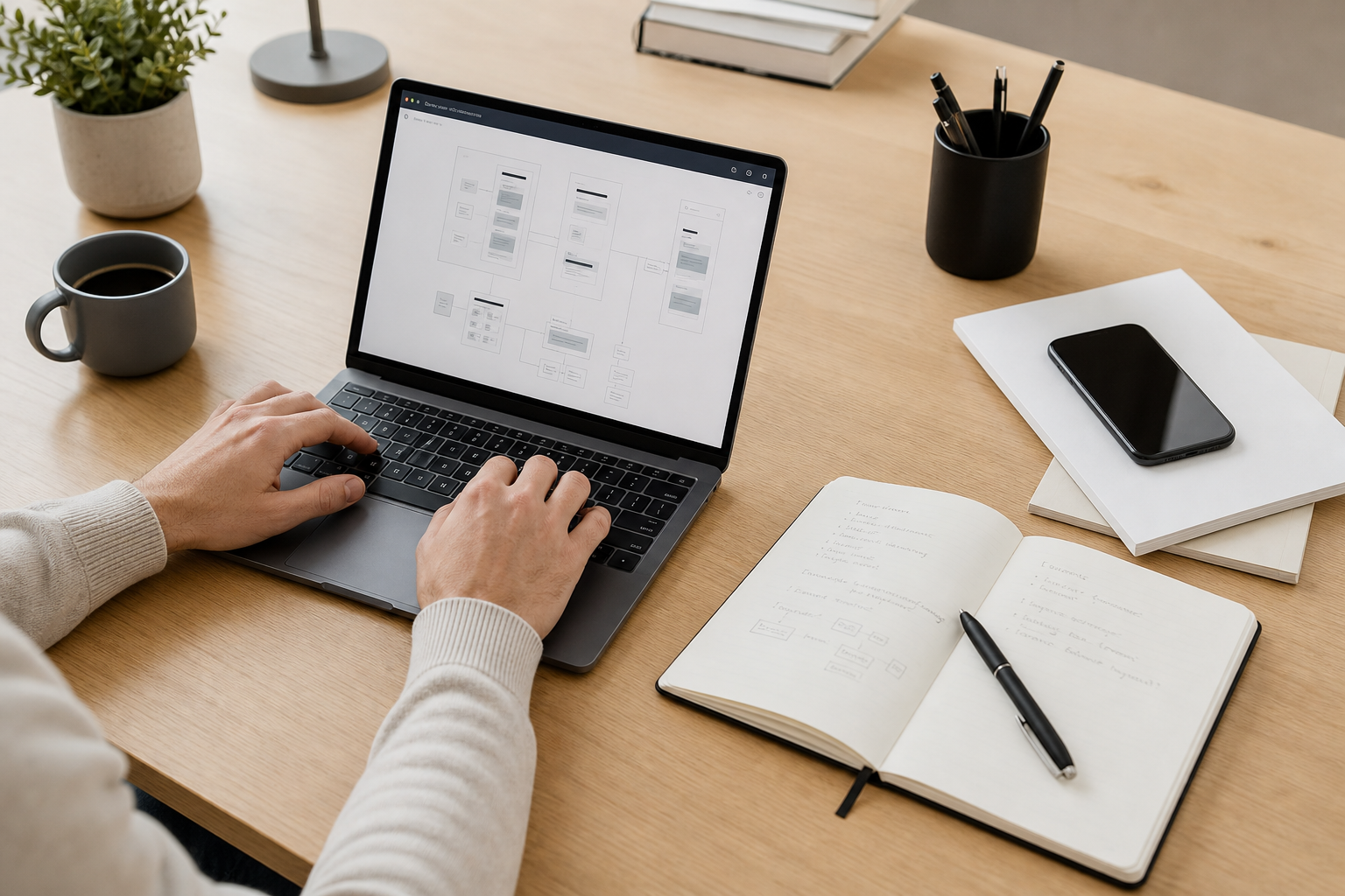 Hands working at a modern desk with laptop and notebook