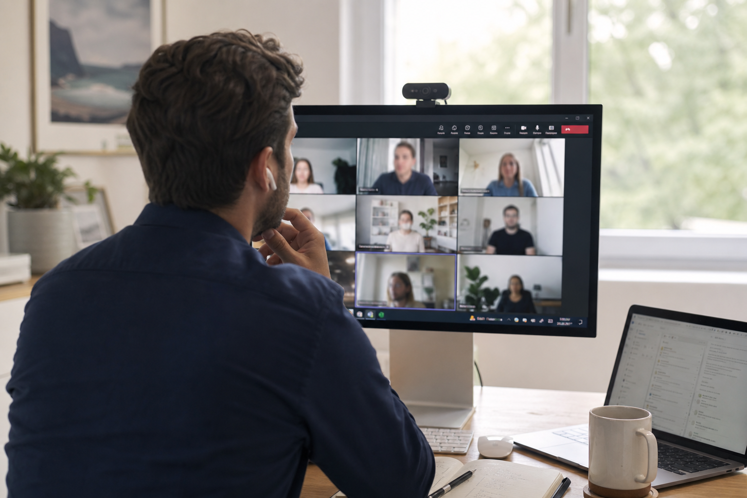 Remote video call in progress on a monitor, viewed from a professional home office workspace