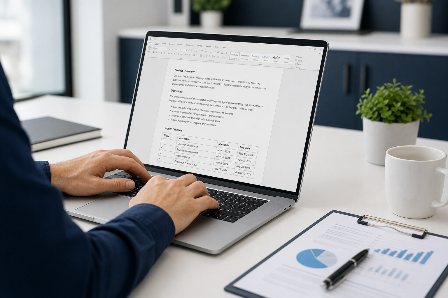 Side view of hands typing on a laptop with a project document on screen and papers on the desk
